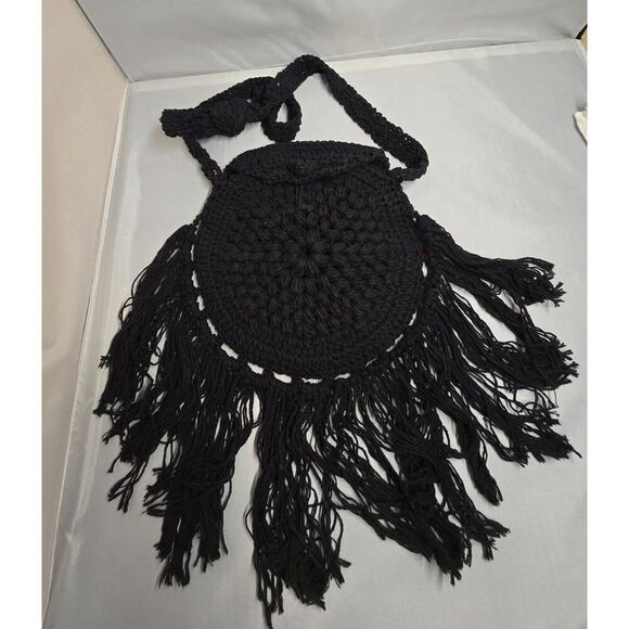 Handmade Crochet macrame Black Fringe Bohemian Shoulder Bag boho cottage biker - Picture 8 of 8